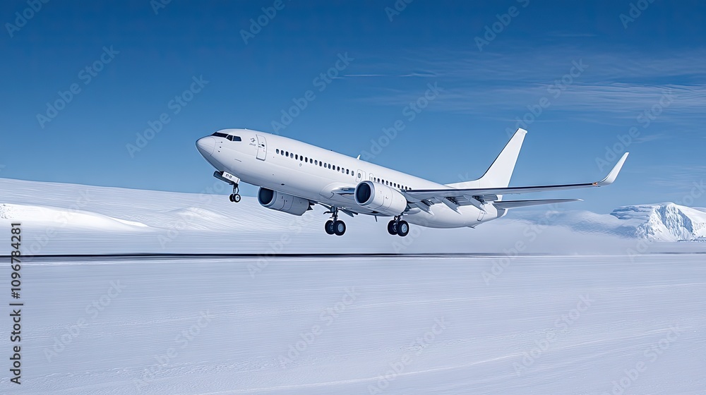 Obraz premium White airplane takes off into the clear blue sky above a snow-covered runway during winter