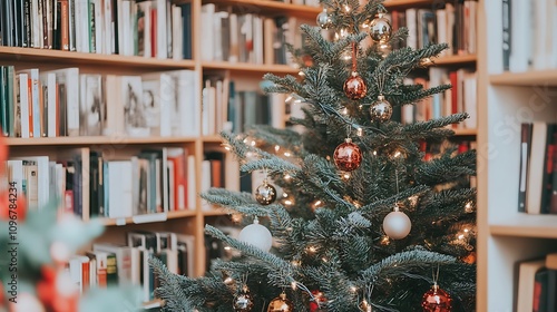 Festive Christmas Tree Decorated with Ornaments and Lights Against a Cozy Library Background