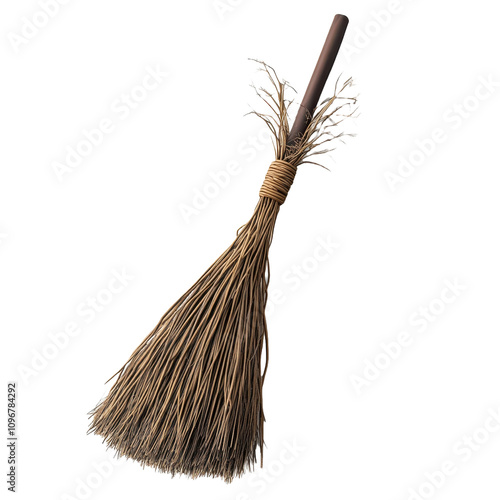 The image shows a rustic handmade broom crafted from natural twigs and a wooden handle. photo