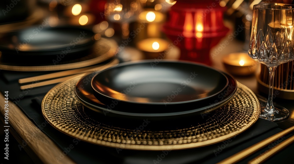 Obraz premium Chinese New Year Table Setting Concept, Elegant Chinese New Year Dining Scene with Dark Plates