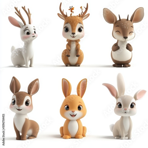 Adorable Cartoon Rabbits And Deer Sitting Together