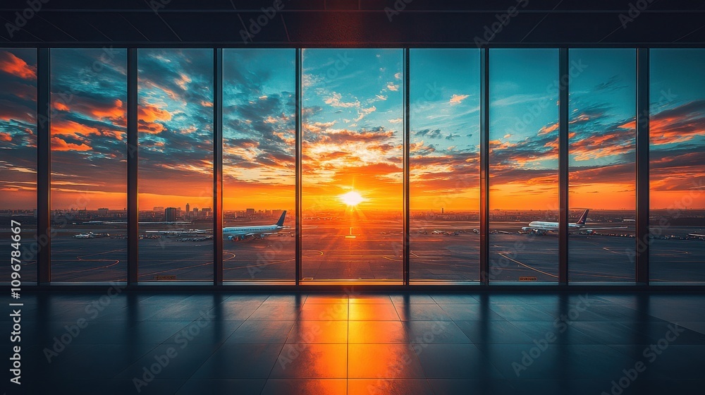 Fototapeta premium Sunset view from an airport terminal highlighting aircraft against a colorful sky