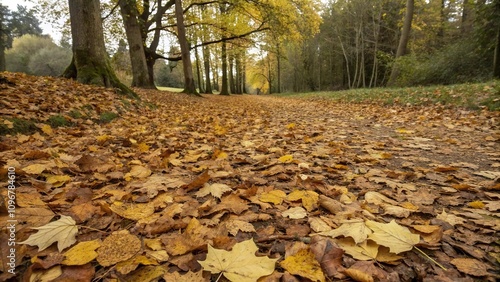 The forest floor is blanketed with a crunchy carpet of fallen leaves in shades of brown and gold, woodland atmosphere, natural scenery, forest floor, leaf litter, autumn leaves