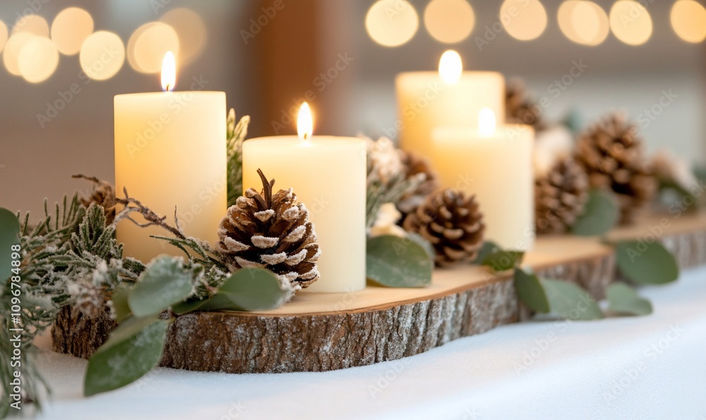 A cozy arrangement of candles and pinecones for a festive atmosphere. A cozy arrangement of candles and pinecones for a festive atmosphere.