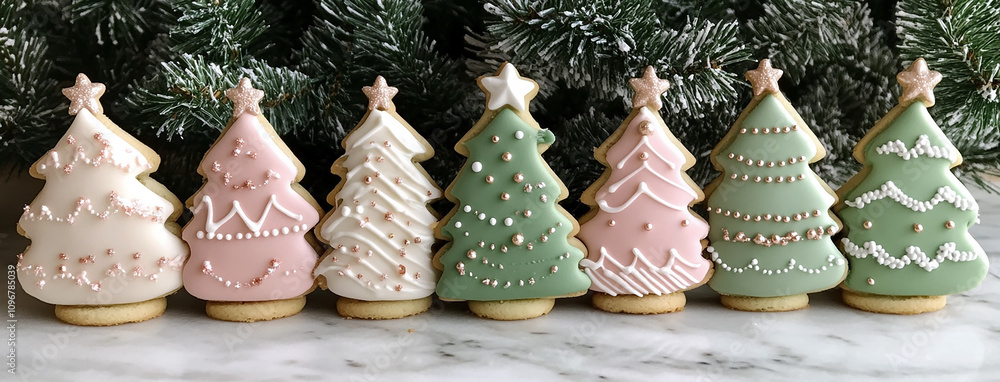 Wide landscape aligned seasonal Xmas cover background banner with colorful cute 3D Christmas tree shaped cookies in order with beautiful decorated icing Wide landscape aligned seasonal Xmas cover background banner with colorful cute 3D Christmas tree shaped cookies in order with beautiful decorated icing
