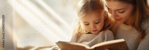 A tender moment showing a mother and daughter reading a book together, bathed in gentle sunlight, evoking feelings of warmth, love, and family bonding. photo