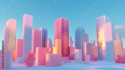 3d render of futuristic city with skyscrapers ,Futuristic cityscape with skyscrapers building ,Illustration of a modern office building 