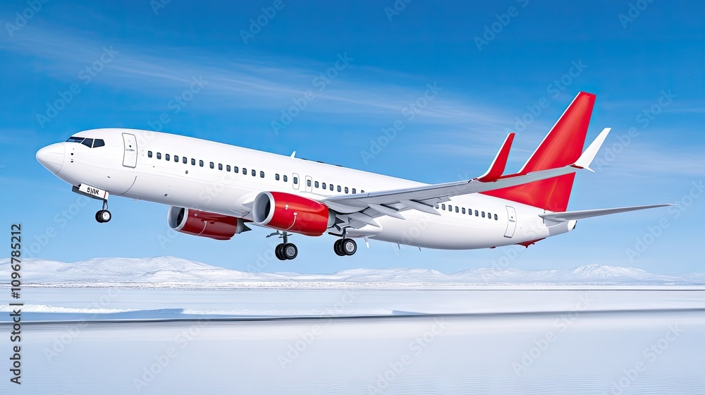 White airplane takes off against a pristine blue sky over a snow-covered runway in winter season White airplane takes off against a pristine blue sky over a snow-covered runway in winter season