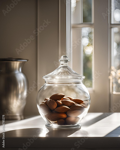 almond jar, nuts container, glass jar with almonds, healthy snacks, food storage, almond storage jar, dry fruits jar, jar with lid, almonds in glass jar, healthy eating, natural snacks, almond packagi photo