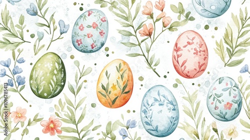 Watercolor Pattern of Floral Easter Eggs