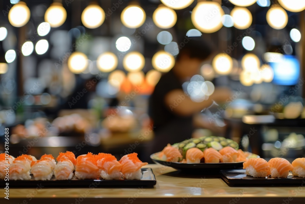 Cozy blurred sushi bar with chefs preparing fresh sushi in the background Cozy blurred sushi bar with chefs preparing fresh sushi in the background