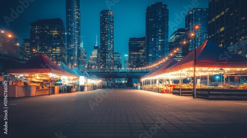 Vibrant Night Market with Colorful Stalls and City Skyline in Background Illuminated by Warm Lights and Urban Ambience photo