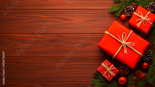 Festive Red Gifts Surrounded by Holiday Decor on Wooden Background