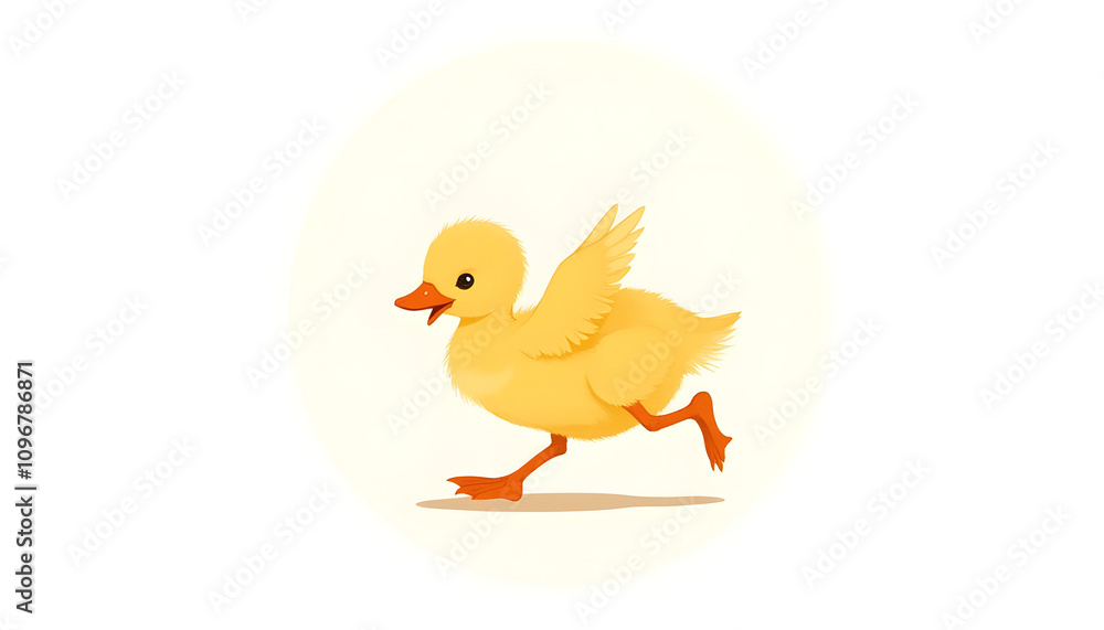 A whimsical scene: a tiny duckling runs across a minimalist white background A whimsical scene: a tiny duckling runs across a minimalist white background