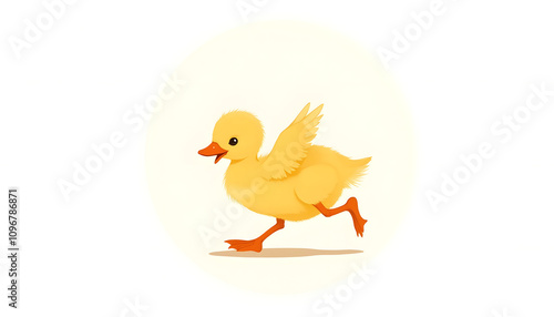 A whimsical scene: a tiny duckling runs across a minimalist white background