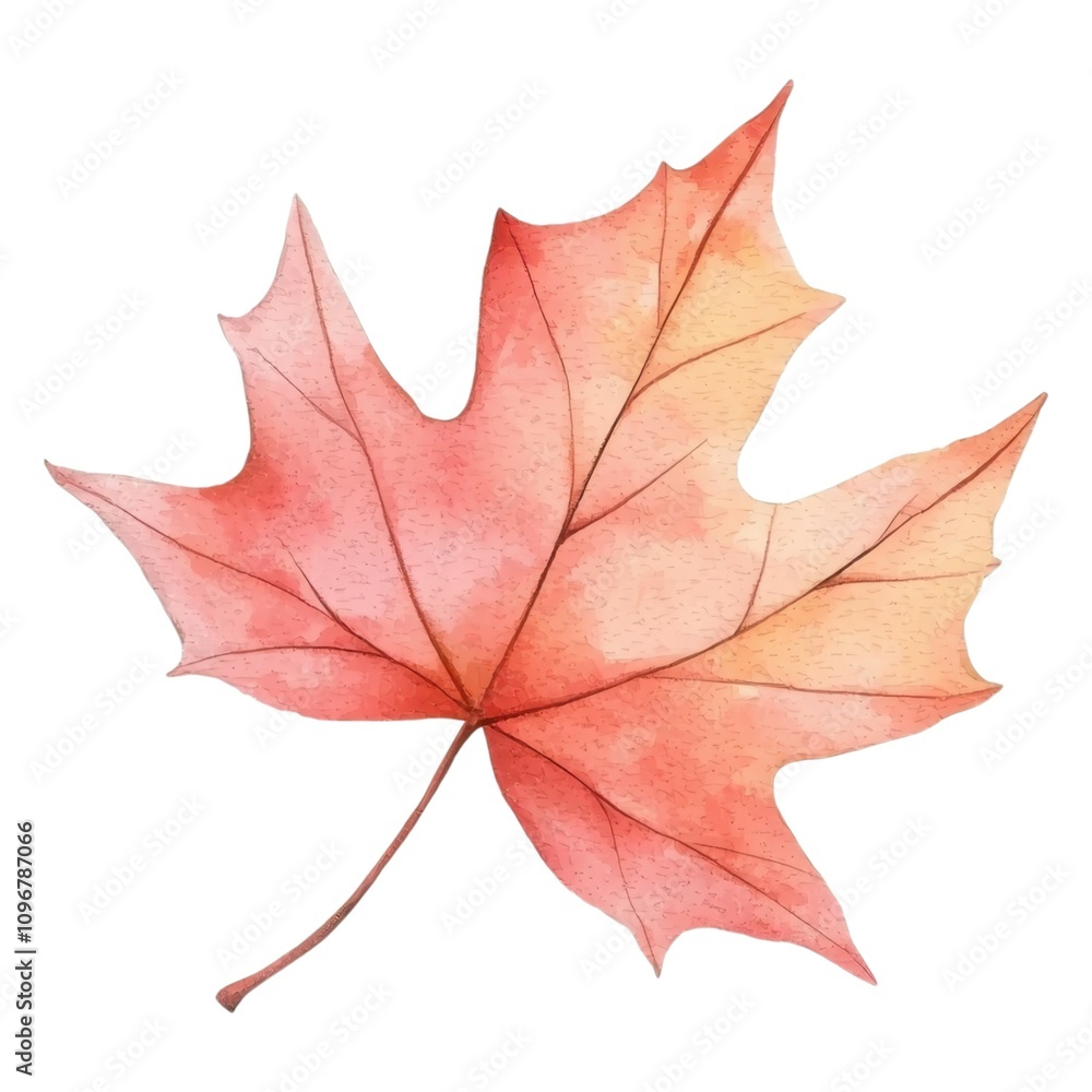 Obraz premium A vibrant watercolor illustration of a maple leaf in shades of red and orange, showcasing the beauty of autumn foliage.