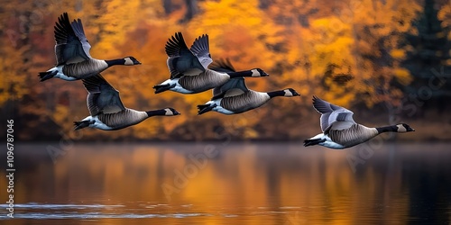 A stunning formation of five Canadian geese gracefully flying over a calm lake, reflecting vibrant autumn colors in the background, showcasing the beauty of nature.