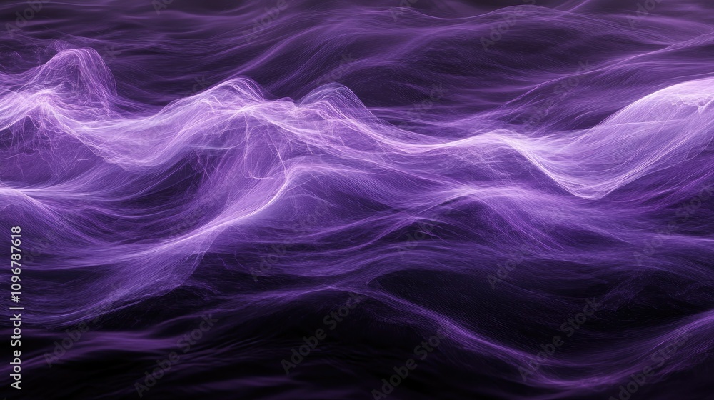 Fototapeta premium A set of abstract purple waves undulating in a tranquil motion, offering a calming visual of light and movement against a dark backdrop.