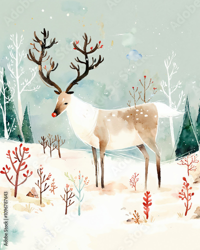 Wandering Deer in Serene Winter Scene, notion for exploration, harmony with nature, children's book illustration, adventure theme, classroom decor, New Year and Christmas theme photo