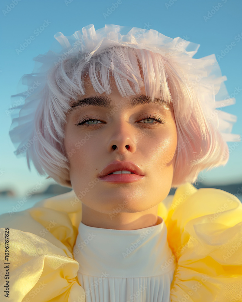 An eccentric Japanese model with a pastel pink bob haircut, wearing a yellow tulle blouse, against a serene outdoor backdrop. Modern and avant-garde aesthetic. An eccentric Japanese model with a pastel pink bob haircut, wearing a yellow tulle blouse, against a serene outdoor backdrop. Modern and avant-garde aesthetic.