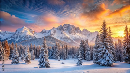 A serene winter landscape with a snow-covered mountain range, adorned with a vibrant sunrise casting golden hues upon the frosty pines and the pristine blanket of snow.