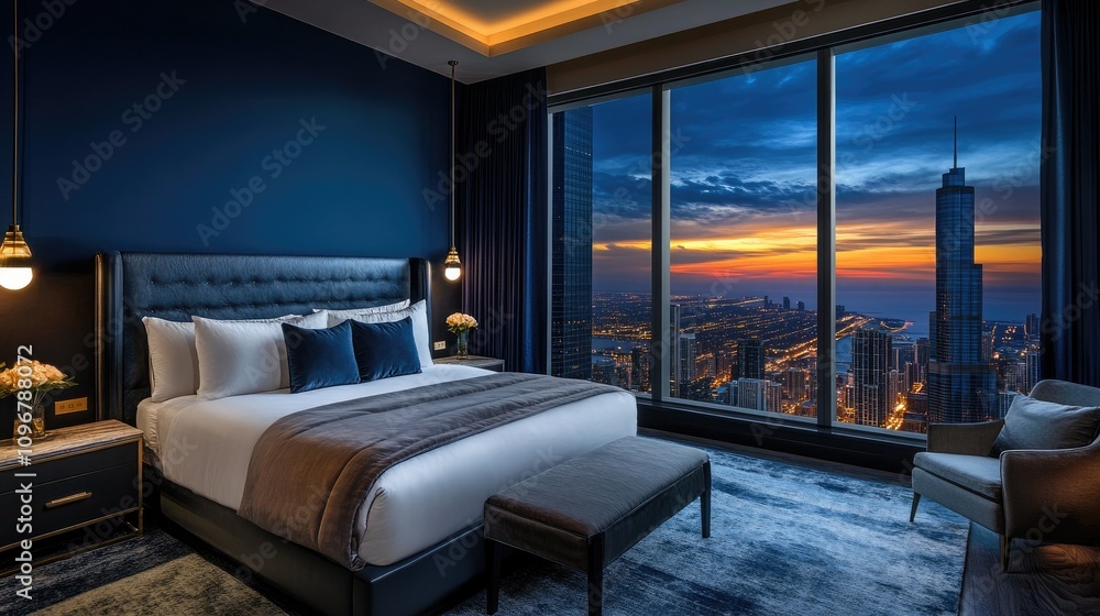 A stylish bedroom with blue walls, plush bedding, and sleek furniture, offering a stunning view of Chicago skyline and sunset from a floor-to-ceiling window. A stylish bedroom with blue walls, plush bedding, and sleek furniture, offering a stunning view of Chicago skyline and sunset from a floor-to-ceiling window.