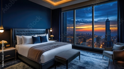 A stylish bedroom with blue walls, plush bedding, and sleek furniture, offering a stunning view of Chicago skyline and sunset from a floor-to-ceiling window.