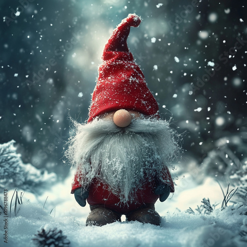  Christmas gnome stands in a winter scenery,  it's snowing