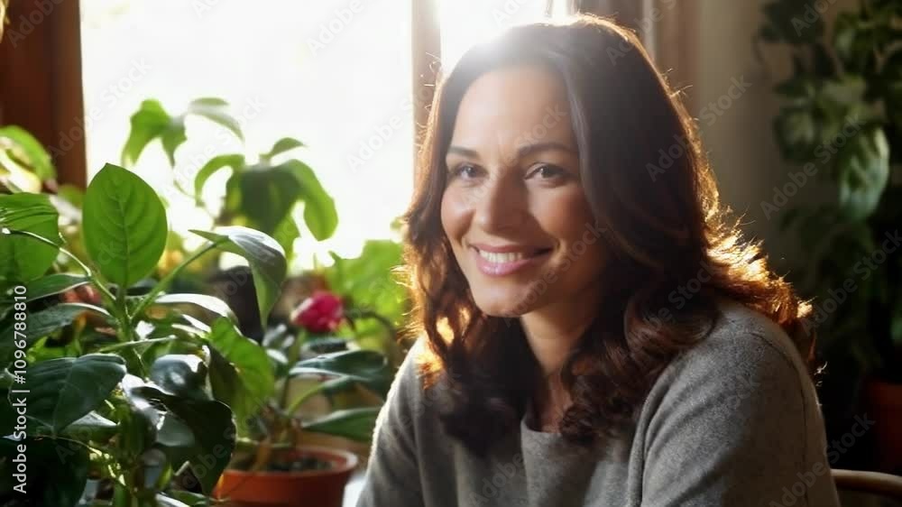 A cheerful woman sitting by a window surrounded by vibrant houseplants. Video. Horizontal. A cheerful woman sitting by a window surrounded by vibrant houseplants. Video. Horizontal.