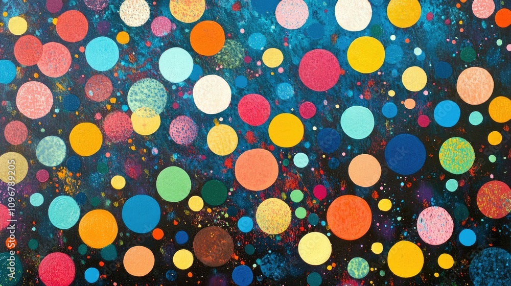 A vibrant arrangement of abstract dots in different sizes and colors, creating a dynamic and visually interesting pattern for contemporary artwork. A vibrant arrangement of abstract dots in different sizes and colors, creating a dynamic and visually interesting pattern for contemporary artwork.