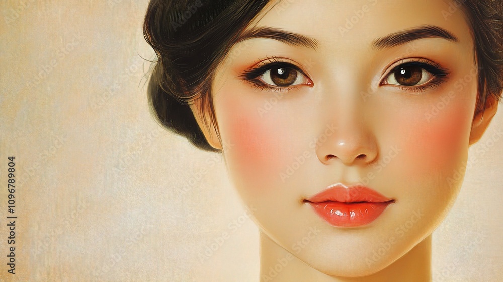 Fototapeta premium Stunning Portrait of a Beautiful Young Asian Woman with Fresh and Clean Skin Capturing Natural Elegance and Grace in a Serene Background