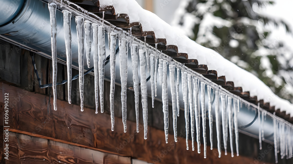 Icicles hanging from the edge of a wooden roof