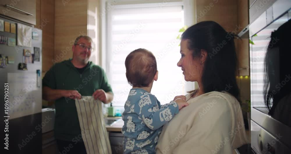 Mother holding baby close while father cleans kitchen, creating nurturing family interaction with teamwork in daily routine Mother holding baby close while father cleans kitchen, creating nurturing family interaction with teamwork in daily routine