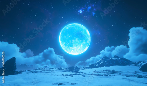 A blue, glowing moon in the sky, surrounded by clouds. In the background, stars and nebulae in a night sky, in a fantastical world