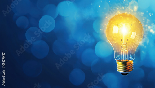 Light bulb with yellow light on a blue background, a concept of idea and innovation photo