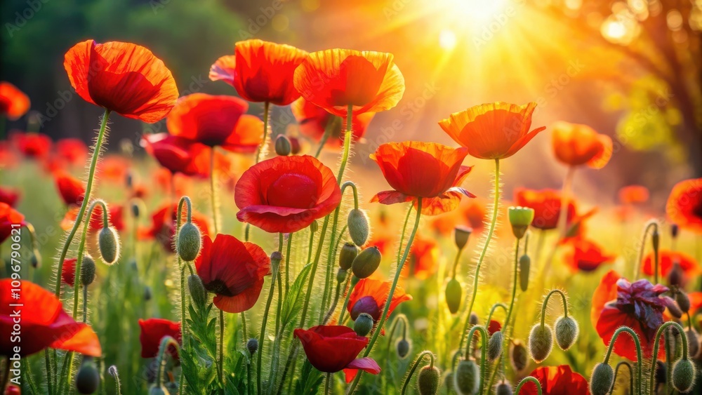 Fototapeta premium A vibrant field of poppies bathed in the golden glow of the setting sun, creating a breathtaking scene of natural beauty.