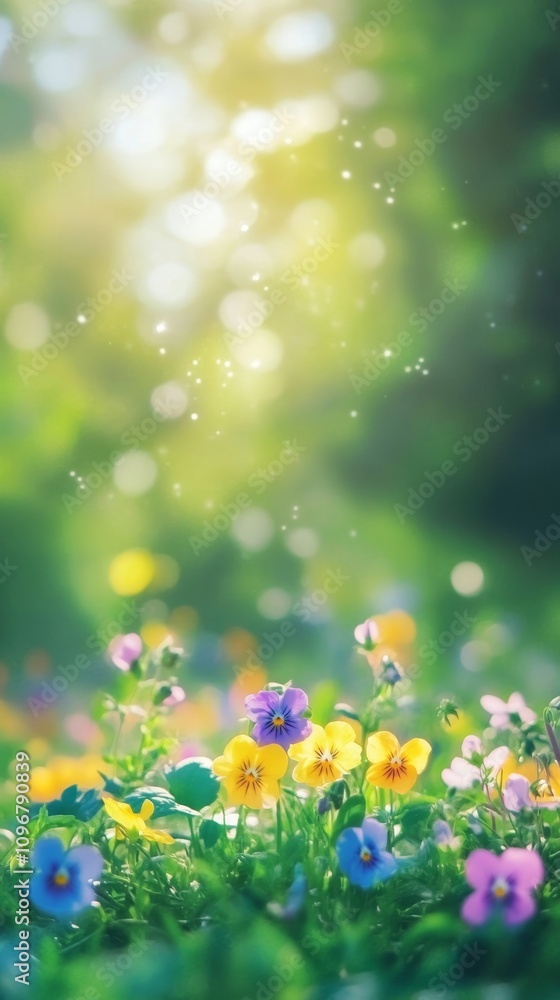 Fototapeta premium close-up shot of pansy flowers with green environment