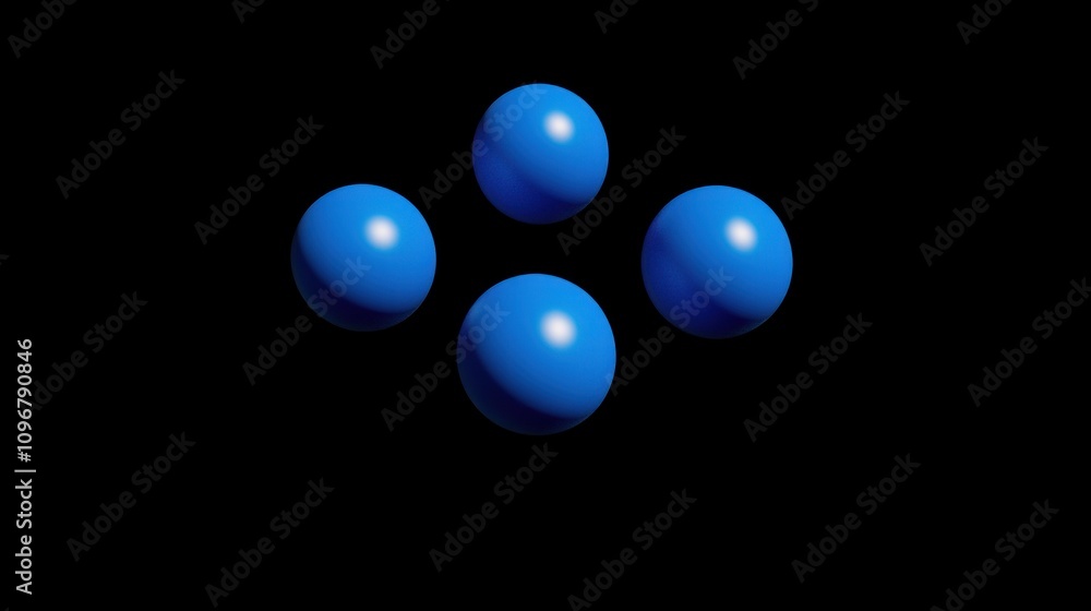 Four glossy blue spheres arranged in a plus sign shape against a black background. Four glossy blue spheres arranged in a plus sign shape against a black background.