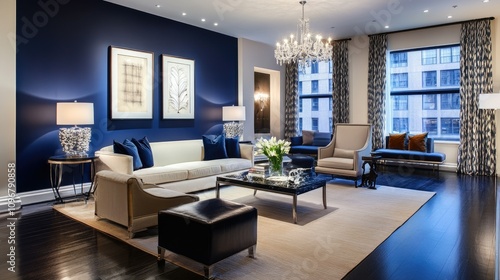 Elegant navy blue accent walls with soft lighting and modern furnishings, creating a serene and contemporary room interior.