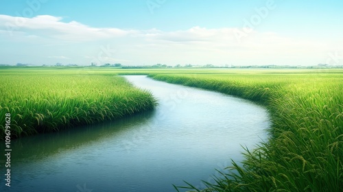 Vast green rice paddies stretching into the distance, with calm water reflecting the clear sky, creating a serene and tranquil landscape.