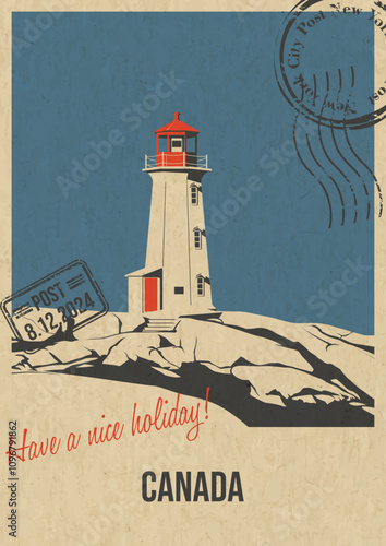 Canada Attraction Postcard, Cape Mudge Lighthouse Popular Place Illustration, Vector Template Retro Style Greeting Card with handwriting wish. Postal Imprint, Aged Paper Texture