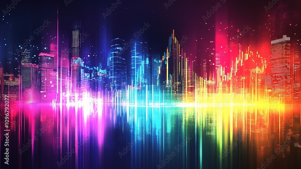 Vibrant Stock Market Graph Displaying Financial Trends and Data with Dynamic Colors Against a City Skyline Background for Financial Analysis and Reporting Vibrant Stock Market Graph Displaying Financial Trends and Data with Dynamic Colors Against a City Skyline Background for Financial Analysis and Reporting