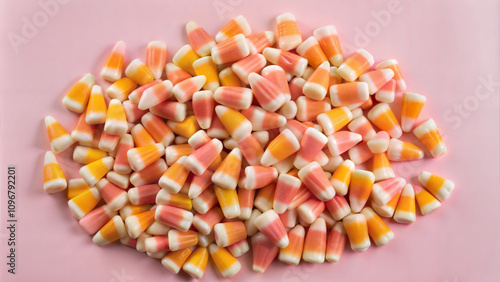 Colorful candy corn pile on pink background with copy space