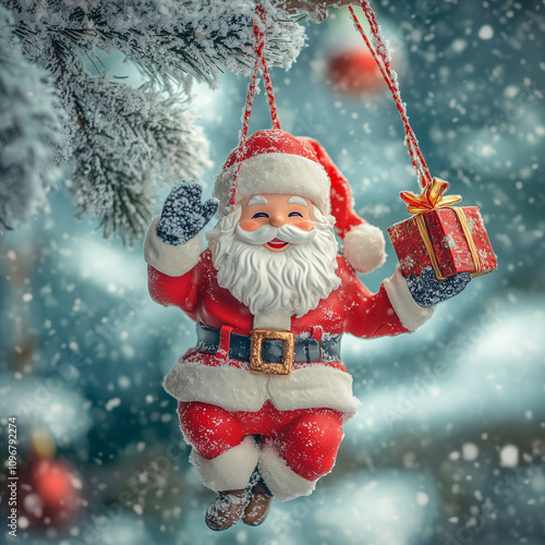 smiling santa claus figure hangs from a snow-covered winter branch