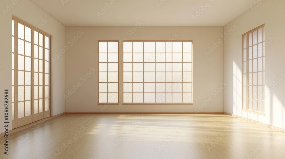 A bright, minimalist room with large windows allowing natural light. A bright, minimalist room with large windows allowing natural light.