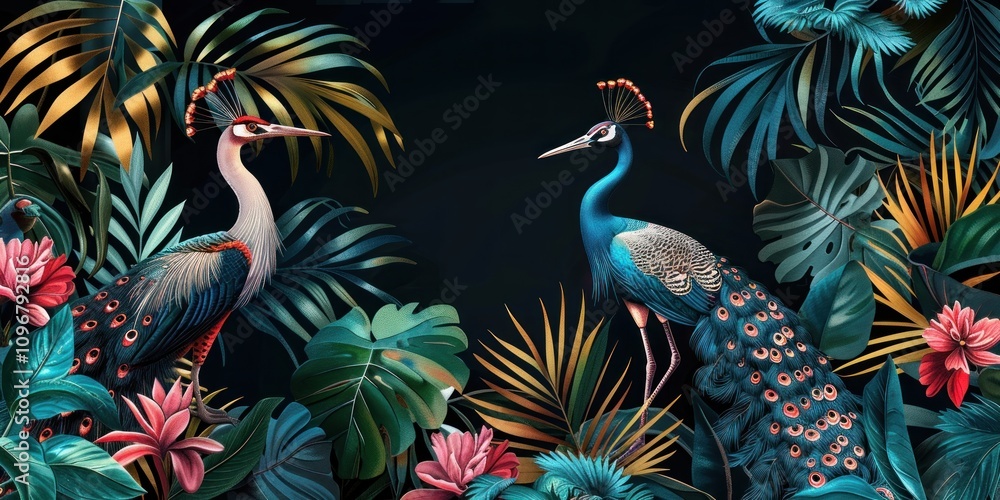 Tropical Paradise with Birds and Lush Foliage Tropical Paradise with Birds and Lush Foliage