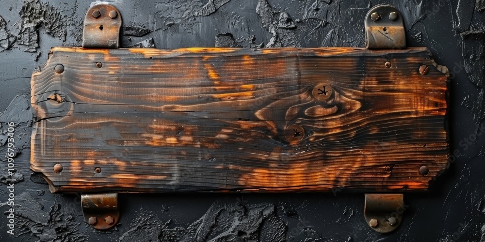 Burnt Wooden Sign with Metal Hinges on a Black Background Burnt Wooden Sign with Metal Hinges on a Black Background