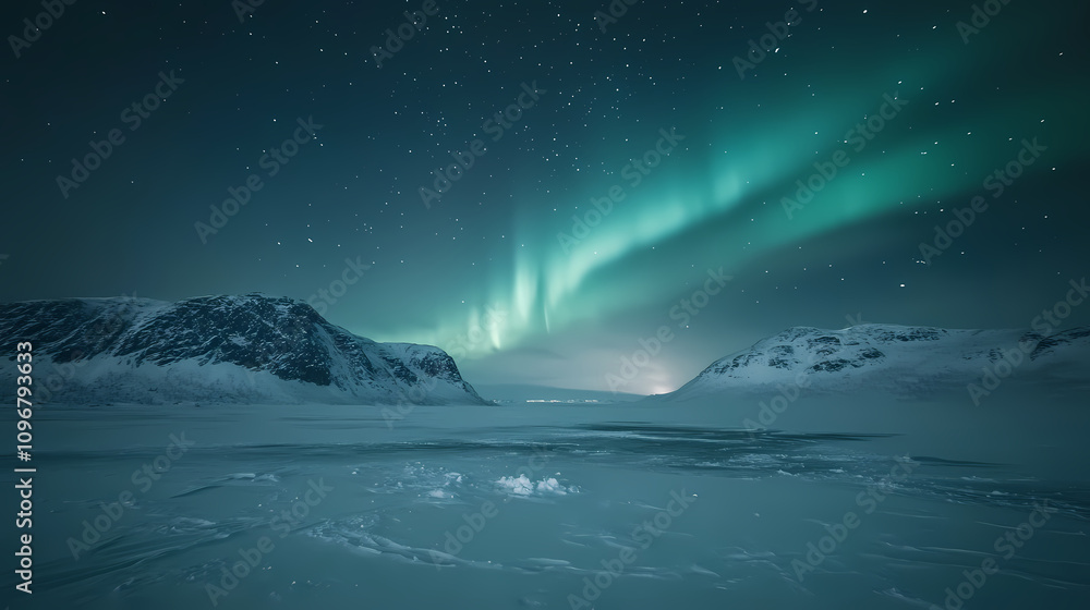 Aurora borealis over snowy arctic landscape. Frozen Starlit Night. Illustration Aurora borealis over snowy arctic landscape. Frozen Starlit Night. Illustration