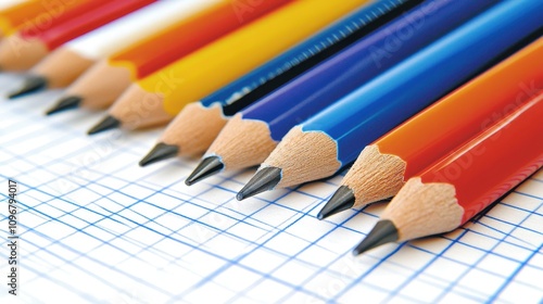 Close-up of sharpened colored pencils on graph paper.