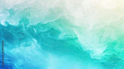 Design at the center of the image. More blurry, less defined. Less sharp. Ocean inspired. Wavey. Similar to a sunset sky. Gradient. Green and blue. Turquoise.